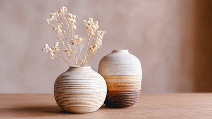 Two ceramic vases of varying sizes and textures on a smooth, neutral-colored surface, with a soft gradient background that transitions from dark charcoal gray to warm taupe.	