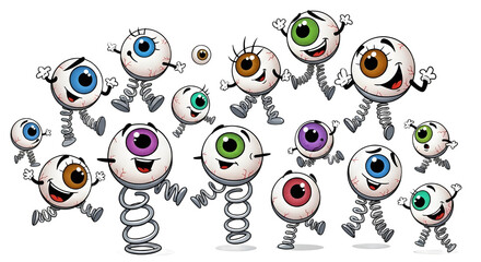 Group of funny cartoon eyeballs characters running and jumping on spring legs and coils isolated PNG with Transparent Background
