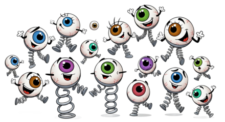 Group of funny cartoon eyeballs characters running and jumping on spring legs and coils isolated PNG with Transparent Background