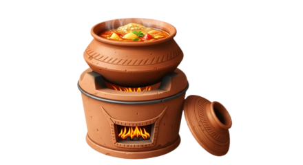 Traditional clay pot cooking hot curry on a rustic stove for food blogs and recipes isolated PNG with Transparent Background
