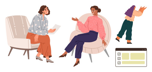 Two women engaged in discussion while sitting in cozy chairs, a designer works on a wireframe. Ideal for collaboration, teamwork, brainstorming, consultation, creativity, design communication. A