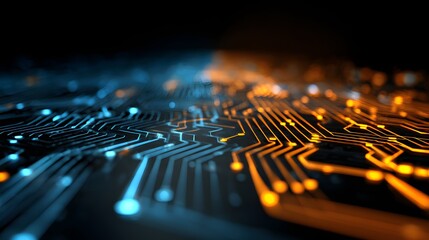 Illuminated electronic circuitry displays opposing streams of data flow in deep focus