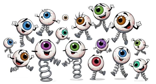 Group of funny cartoon eyeballs characters running and jumping on spring legs and coils isolated PNG with Transparent Background