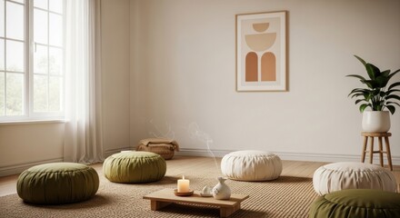 Serene Meditation Space: Olive Cushions, Woven Rug, and Gentle Light