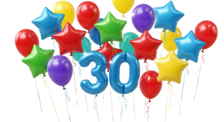 Colorful thirty number balloon surrounded by stars for 30th birthday party or anniversary celebration isolated PNG with Transparent Background