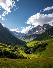 Naklejka premium Sunlit green valley with a stream and jagged peaks