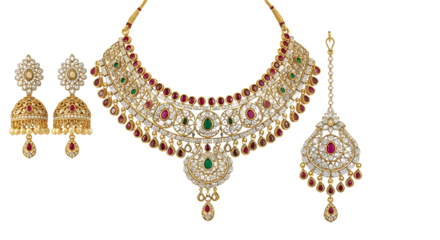 Traditional gold diamond necklace earrings and tikka set for wedding or bridal advertising. isolated PNG with Transparent Background