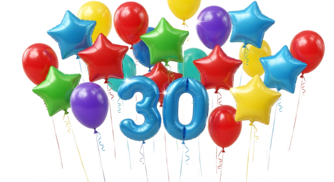 Colorful thirty number balloon surrounded by stars for 30th birthday party or anniversary celebration isolated PNG with Transparent Background