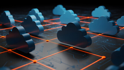 Abstract digital network of interconnected blue cloud symbols on a dark textured surface with glowing orange lines representing data flow