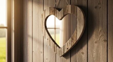 Rustic Wooden Heart Mirror Hanging on Weathered Wood Wall, Warm Light.