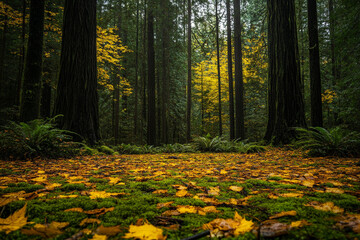 An autumn redwood forest, where golden leaves scatter among the deep green moss