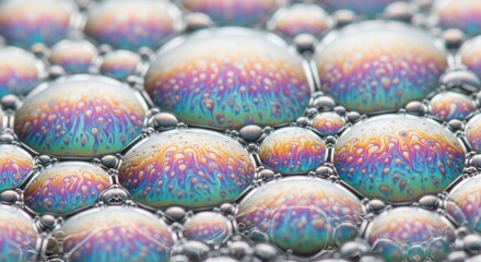 Closeup of tightly packed colorful iridescent soap bubbles showing intricate swirls and patterns