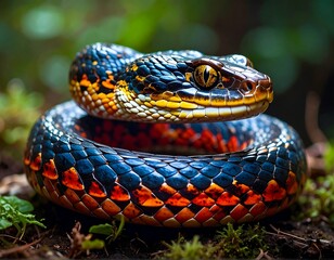 Obraz premium A coiled reptile with striking scales, nestled amidst foliage