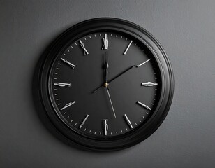 Modern Black Wall Clock Showing Eleven O Clock on Dark Gray Textured Wall