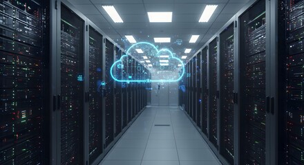 A long corridor in a modern data center with server racks and a glowing blue cloud icon representing cloud computing and data storage.
