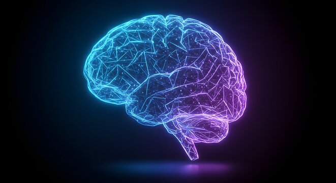 Digital glowing wireframe human brain illustration with blue and purple neon light on a dark background, representing technology and thought.