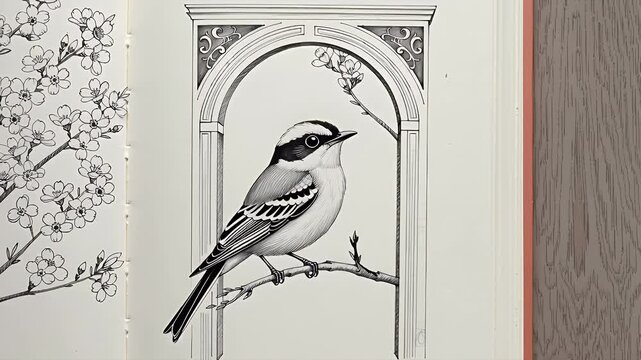A Hand Sketching a Delicate Black-and-White Bird Portrait Inside a Decorative Frame