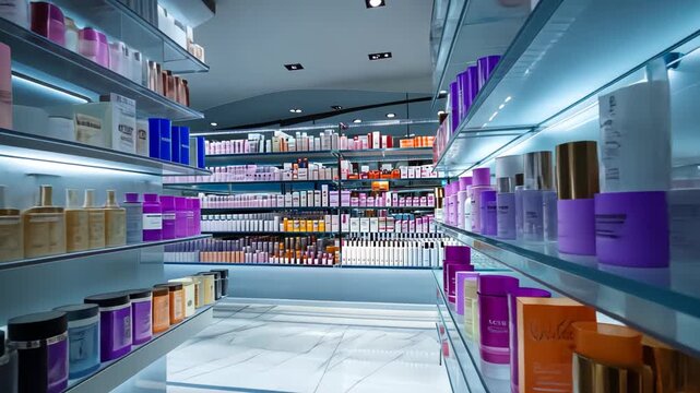 Interior view of a retail space, featuring numerous shelves with various containers and products