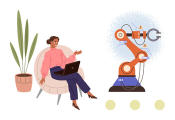 Woman seated on a chair with a laptop interacting with a robotic arm, highlighting technology, productivity, and innovation. Ideal for technology, robotics, education, collaboration, AI remote work