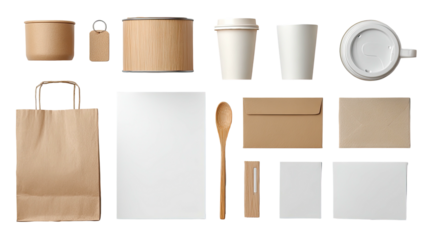 Mockup of kraft paper goods cup, bag, card, spoon, containers, envelope