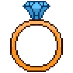 Pixel diamond ring vector. Ideal for engagement, jewelry, and romance themes. This digital graphic is perfect for game, retro game, or 8 bit design projects and assets related to luxury.