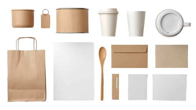Mockup of kraft paper goods cup, bag, card, spoon, containers, envelope