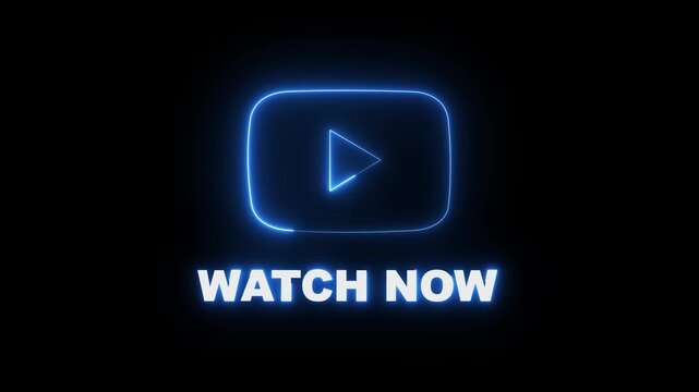 glowing neon watch now icon animation on black background. youtube watch now icon. 4k motion video.
