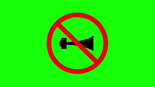 Animation of No Horn Sign. No horn. Horn prohibited. Don't honk. trumpet. Don't be noisy sign. Loudspeaker ban. don't honk icon, a silhouette of a trumpet with a crossed out red circle.
