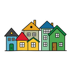 A group of houses nestled together forms a cozy neighborhood, with charming roofs, tidy yards, and paths connecting families in a warm, welcoming community.
