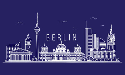 Berlin City Skyline with Famous Landmarks – Brandenburg Gate, Fernsehturm, Reichstag, Berlin Cathedral – Travel Illustration for Tourism Promotion © sreetamo