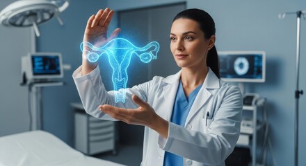 Female doctor in a futuristic operating room analyzing a holographic projection of a uterus.
