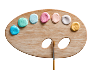 Paint palette holds colorful swirls of paint with brush