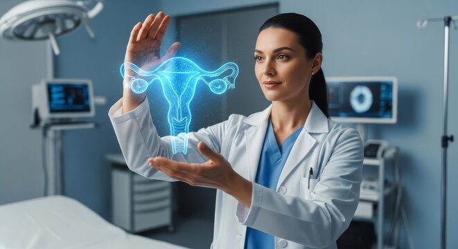 Female doctor in a futuristic operating room analyzing a holographic projection of a uterus.