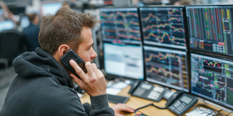 Focused Trader Analyzing Market Data on Multiple Computer Screens
