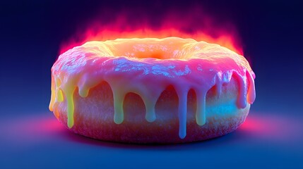 Glowing confection with dripping neon glaze sits on a dark surface emitting bright spectral light