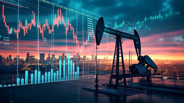 Oil pump in front of stock charts with cityscape background and vibrant sunset sky
