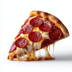 Delicious Pepperoni Pizza Slice with Melting Cheese on a White Background, Close Up Studio Shot