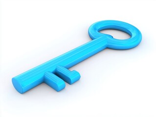 Shiny Blue Key on White Background, Symbol of Security, Access, and Solutions, 3D Rendering