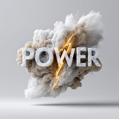 Abstract Power Concept with Marble Text, Lightning Bolt and Smoke Cloud on Gray Background