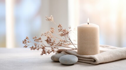A Serene Arrangement of a Soft Beige Candle Surrounded by Natural Decor Features, Including Delicate Dried Flowers and Smooth Stones for a Tranquil Atmosphere