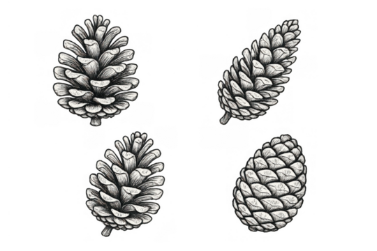 Pine cone sketch drawing set, hand drawn botanical winter deciduous plant elements on transparent background - Powered by Adobe