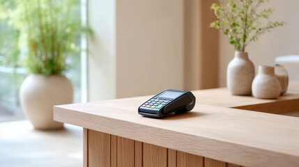 Modern Payment Terminal on a Wooden Counter Surrounded by Elegant Vases and Natural Light in a Minimalist Interior Setting