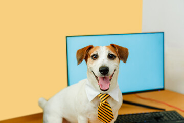 Cute jack russell terrier dog wearing a tie and standing on a desk with a computer with a happy face.