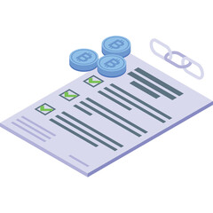 Pixel Art Isometric Document With Checkboxes And Bitcoin Coins Next To A Chain Link On A Transparent Background