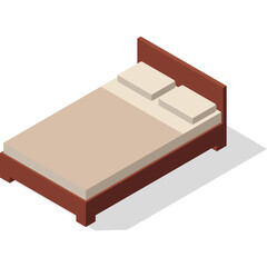 Pixel Art Isometric Double Bed with Wooden Frame and Tan Bedding on White Background Minimalist Bedroom Furniture Object