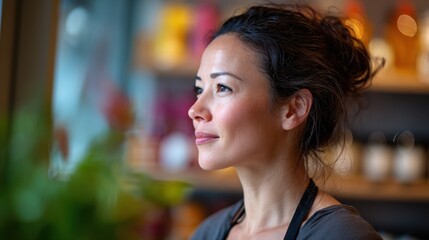 Obraz premium A Thoughtful Woman Reflecting on Life Inside a Cozy Cafe with a Warm Ambient Setting Surrounded by Nature