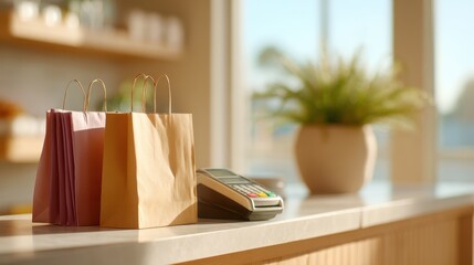 Trendy Shopping Scene with Colorful Paper Bags and Payment Terminal on a Bright Countertop in a Contemporary Store Interior