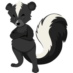 Pixel Art Illustration of an Angry Cartoon Skunk Standing with Arms Crossed and Fluffy Tail on Transparent Background