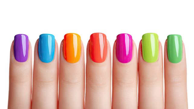 Rainbow of polished fingernails against a stark, contrasting background
