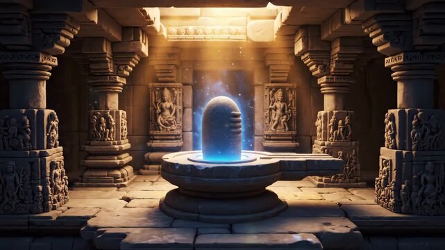 Ancient Temple Interior with Glowing Shiva Lingam and Divine Light Shining Down